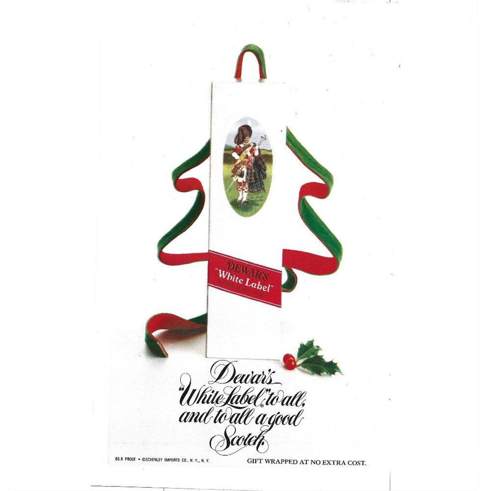 Dewars White Label Holiday Christmas Tree Ribbon Scotch Whisky Print AD 1970s